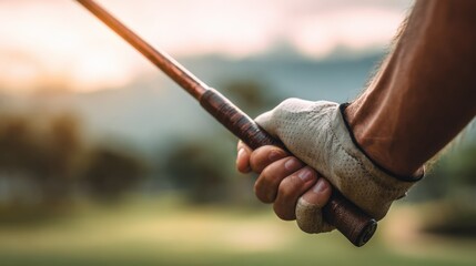 Close-up of a person gripping a golf club with a glove in a scenic outdoor setting during sunset.
