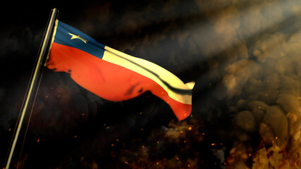 bokeh Chile flag on smoke with sun rays background - disaster concept - abstract 3D rendering