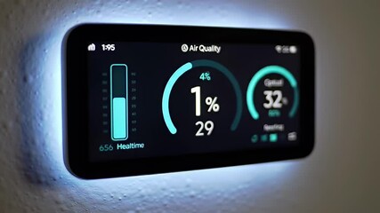 A screen displays air quality data, with charts and numbers against a dark backdrop