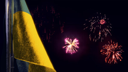 Ukraine flag is hanging on firework sky for any holiday - defocused - abstract 3D illustration