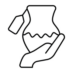 Hand with clay jug and price tag thin line icon, pottery making concept. Vector graphics. Jug in customer hand, shopping sign on white background, style mobile or design.