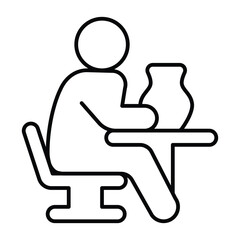 Man with clay jug at desk thin line icon, pottery making concept. Vector graphics. Human working with clay vase, molding sign on white background, style mobile or design.