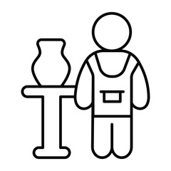 Clay jug on desk and man with apron thin line icon, pottery making concept. Vector graphics. Human with vase on table sign on white background, style mobile or design.