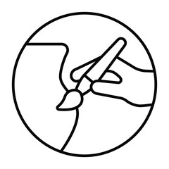 Clay jug and hand with paintbrush thin line icon, pottery making concept. Vector graphics. Artistic painting for clay product sign on white background, style mobile or design.