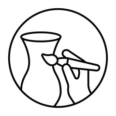 Clay jug and hand with brush thin line icon, pottery making concept. Vector graphics. Artistic painting for clay product sign on white background, style mobile or design.