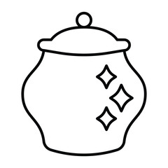 Lacquered pot with lid thin line icon, pottery making concept. Vector graphics. Polished ceramic pot, fragile product sign on white background, style mobile or design.