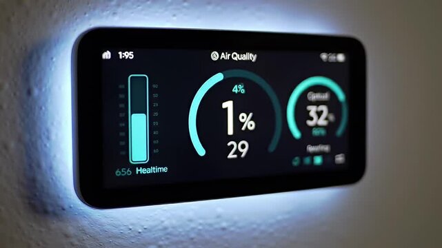 A screen displays air quality data, with charts and numbers against a dark backdrop