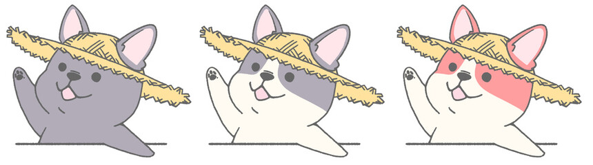 French bulldog wearing straw hat, raising hand