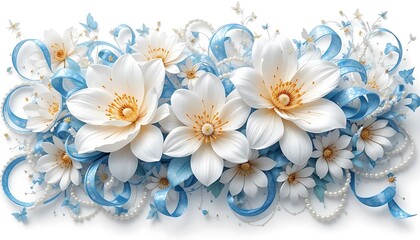 Elegant white flowers with yellow centers and shimmering blue ribbons on a white background. Perfect for wedding decor, invitations, spring themes, luxury design, and celebration graphics.