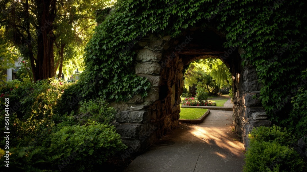 Poster scenic park arch tunnel covered in green ivy with pathway and lush trees.