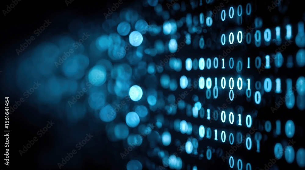 Poster Digital Binary Code Abstract Background with Bright Blue Glowing Data Stream.
