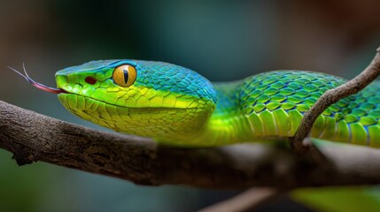 Fototapeta premium Vibrant green and blue snake with detailed scales and bright yellow eye close-up.