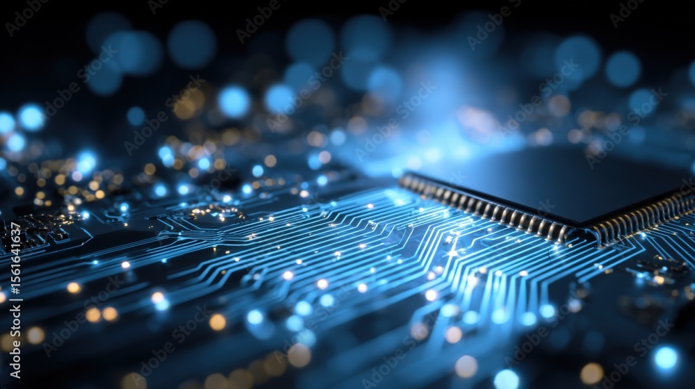 Poster Close-up of a modern circuit board with digital technology elements on dark background.