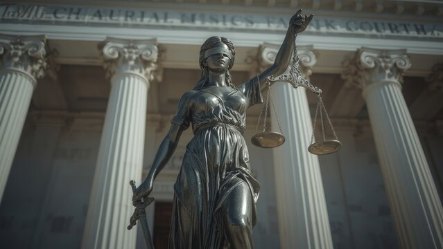 Lady Justice Statue in Front of Courthouse – Symbol of Law and Fairness
