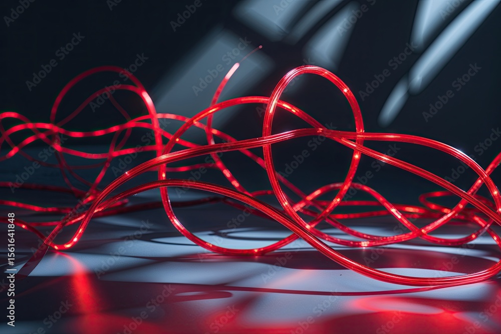 Poster dynamic red fiber optic strands intertwined in a shadowy setting