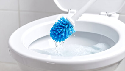 Toilet brush in action, scrubbing white ceramic toilet bowl