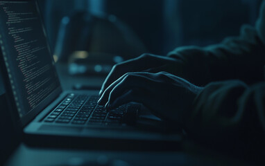 Person typing on a laptop keyboard in a dark room with code on the screen