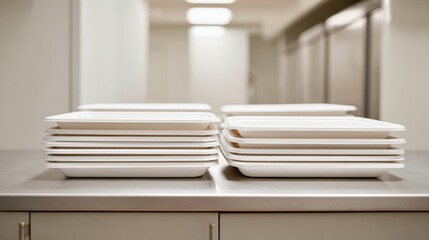 Stack of white rectangular plates neatly arranged on a kitchen or cafeteria counter.
