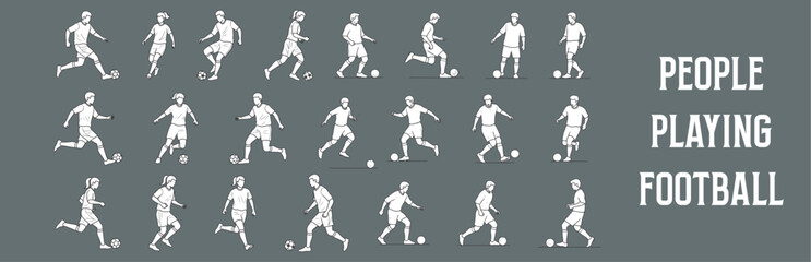 Architectural Drawings people playing football vector illustration, side view, human person Minimal style hand drawn. Sections, Elevations, Floor Plans