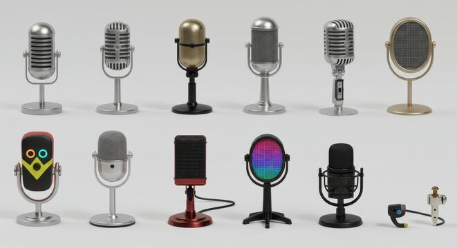 Big Set of Modern and Retro Microphones Collection 3D Render Illustration Isolated on White