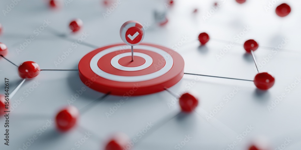 Aufkleber target with arrow hitting bullseye on paper target surrounded by red spheres and connecting lines.