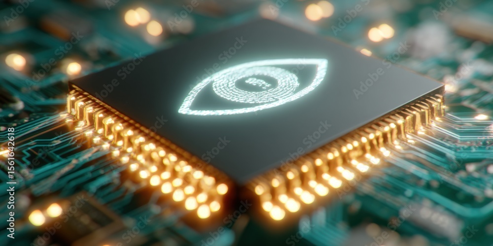 Poster High tech computer chip with security eye symbol illuminated on circuit board.
