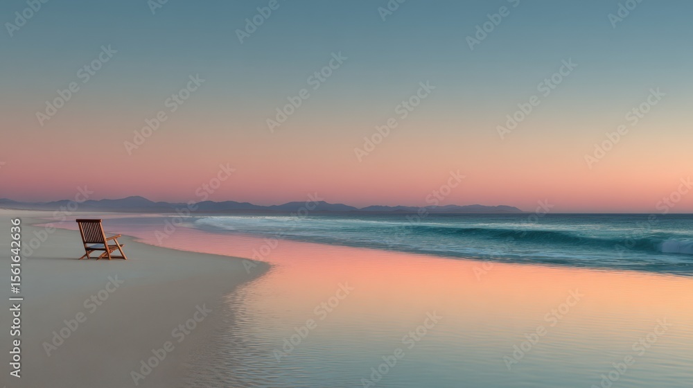 Aufkleber serene empty beach at sunset with calm ocean waves and colorful sky scenery.