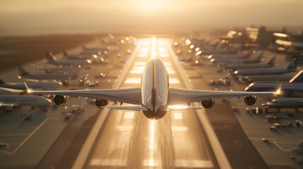 Commercial airplane taking off from busy airport runway at golden sunrise, rear view of passenger jet flying above ground with multiple aircraft parked, dramatic aviation scene with warm sunlight and 