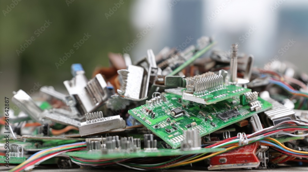 Poster Close-up of a pile of electronic circuit boards with various components and wires.