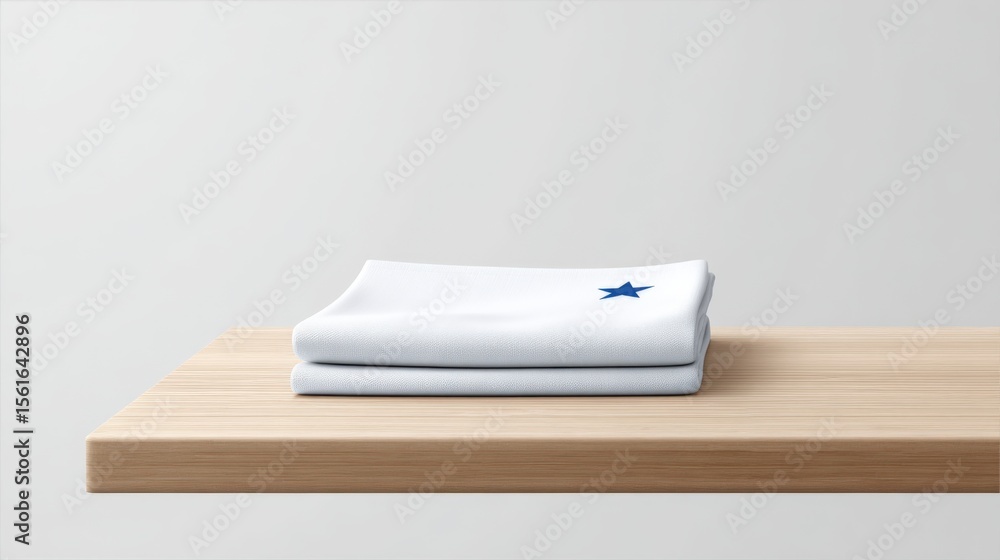 Aufkleber plain white folded cloth with a blue star resting on a wooden surface against a light gray backgroun