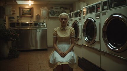 Pensive woman in laundry setting evokes a sense of quiet contemplation