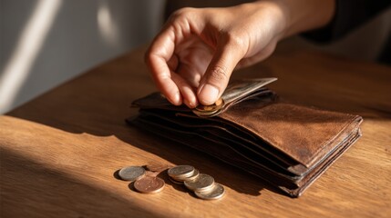 Man's Hand Holding Coins Over Wallet With Cash And Coins On Wooden Table.