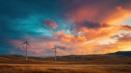 Obraz premium Vast wind farm with numerous turbines under dramatic colorful sky at sunset landscape.