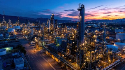 Obraz premium Extensive industrial refinery with towering structures and vibrant sunset sky.