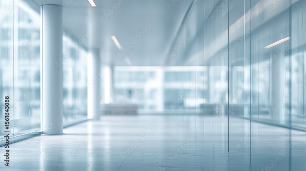 Poster modern empty office space with glass walls and sleek flooring illuminated by natural light.