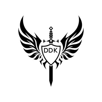 DDK "Warrior Shield and Sword Emblem with Wings Logo," DDK Later Logo, "Black Tribal Winged Sword Crest Vector," "Heraldic Emblem with Wings, Sword, and Shield,"
