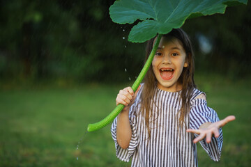 Happy little girl with flowers in the field