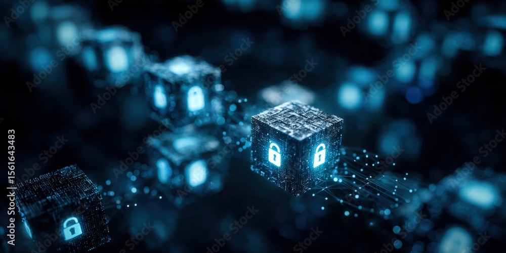Poster Futuristic Digital Lock Cube with Connected Network of Secure Data Nodes in Cyber Style.