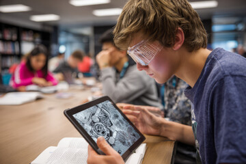 Student wearing safety goggles studying science image on tablet in classroom