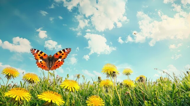 Fototapeta Beautiful spring summer natural landscape with a field of flowering dandelions and butterfly against blue sky with clouds on clear sunny day.
