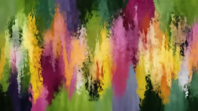 Abstract expressionism art blends colorful hues of green yellow pink  orange in blurred vertical strokes