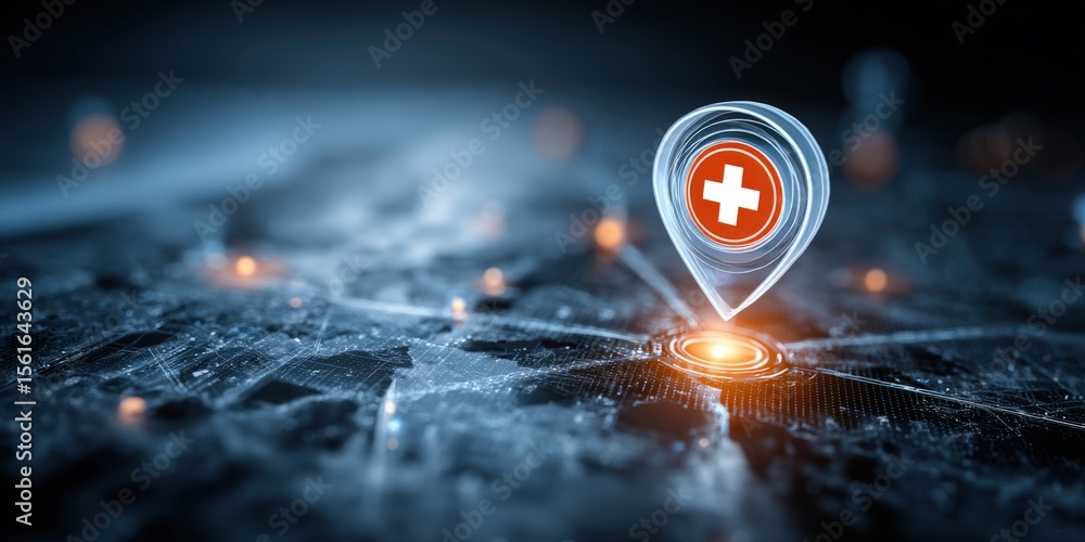 Poster highly detailed digital map with location pin and medical cross icon on a global network background.