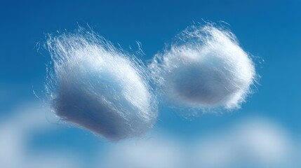Naklejka premium Two fluffy white clouds floating in a bright blue sky with soft sunlight.