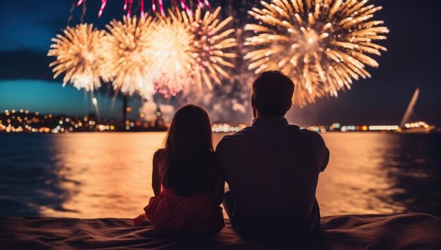 A couple sits by the water at night, watching vibrant fireworks light up the sky over a cityscape.