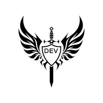 DEV "Warrior Shield and Sword Emblem with Wings Logo," DEV Later Logo, "Black Tribal Winged Sword Crest Vector," "Heraldic Emblem with Wings, Sword, and Shield,"
