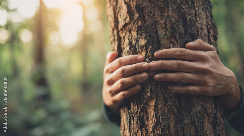Poster Warm Hands Hugging Tree Trunk in Forest During Sunset for Nature Connection.