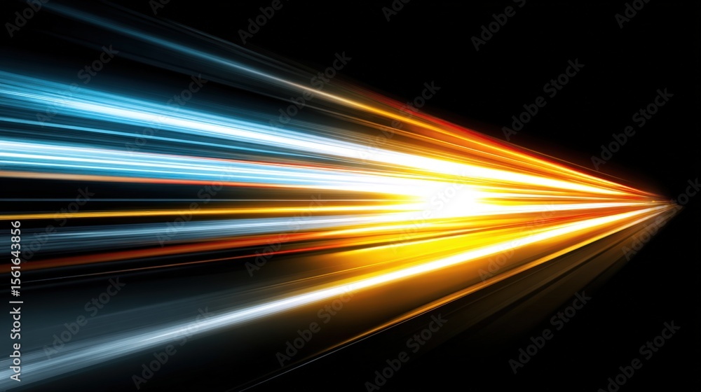 Poster Dynamic light streaks in vibrant colors on dark background showcasing speed motion.
