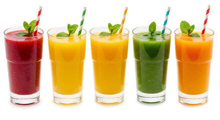 Colorful Fruit Juices in Tall Glasses with Mint Garnish and Straws on White Background
