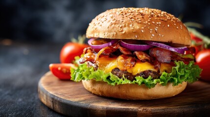Fototapeta na wymiar Delicious handcrafted cheeseburger with crispy bacon fresh vegetables and sauce on dark background.