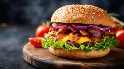 Gardinen Delicious handcrafted cheeseburger with crispy bacon fresh vegetables and sauce on dark background. © Generative AI